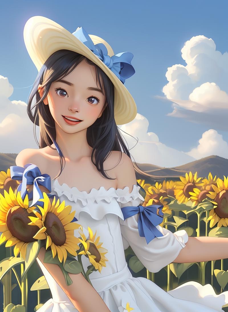 anime girl wearing straw hat holding a sunflower