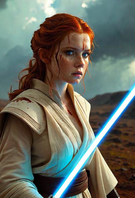 A beautiful Jedi Knight with wavy red hair stands defiantly amidst a raging storm on a desolate battlefield. Her white Jedi robe are intricately detailed and reflect the flickering light of distant fires, Star Wars style, The light of battle illuminates her determined expression as she prepares to face the dark enemy, (holding the blue Lightsaber in his hand: 1.5), Close up. Star Wars art style, Standing on a battlefield at the head of an army of Jedi Knights, where a bloody slaughter is taking place, (standing in battle pose: 1.3), cinematic lightning, intricately detailed white and brown Jedi robe, The scene is reminiscent of a Greg Rutkowski concept art piece, realstic blue eyes, realistic pale face covered in blood, with dramatic lighting and a dark, curvy, looking at viewer, gritty atmosphere, Ultra-detailed, Raytracing reflections, High contrast, beautiful Jedi Knight, beautiful firm body, girl athletic figure, (very pale freckled face: 1.3), oranges, and greens, attractive 21 years old woman, cinematic lightning, Cinematic film still, Medium shot. Best quality, Masterpiece, The scene is reminiscent of a Greg Rutkowski concept art piece, realistic pale freckled face covered in blood, with dramatic lighting and a dark, gritty atmosphere, asymmetrical balance