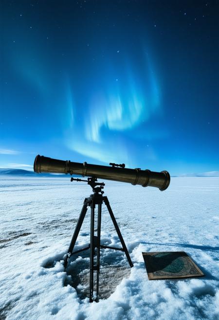 A colossal, antique telescope, pointed towards a swirling aurora borealis in a desolate, snow-covered landscape. Moonlight casts long shadows across the snow, creating a dramatic interplay of light and dark. A single, antique star chart lies partially buried in the snow nearby. Style of Ansel Adams meets H.R. Giger, blending naturalistic photography with biomorphic surrealism. Predominantly deep blues and whites, with accents of emerald green from the aurora. Hyperrealistic texture, volumetric lighting, cinematic composition, sense of cosmic wonder and isolation.