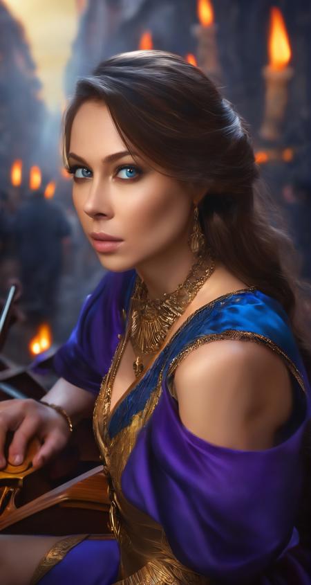 photo of samburskaya, closeup, solo, brown hair, blue eyes, epic, dramatic,
middle shot, closeup, detailed background, hyper realistic,
(mixed media:0.6), 
(Dressed royal purple gown embellished with gold accents,the flames casting eerie shadows on her face,striking a chord on her lute amidst a mesmerized crowd bustling tavern:0.7), (steampunk:0.6), 500px, T-shirt, long hair,  (hacker:0.6), 
detailed background, uptight, (unnatural:0.8), <lora:samburskaya_sdxl_vanilla_1.0:1>