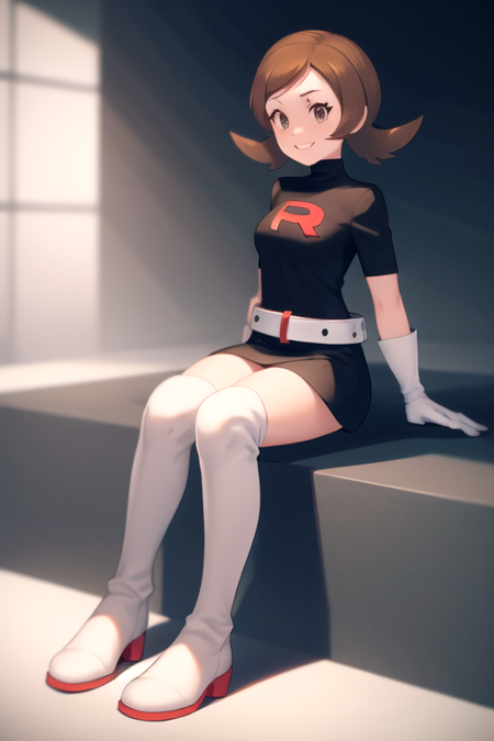 masterpiece, best quality, <lora:LyraRocket:1>, lyra \(pokemon\), brown eyes, sitting, full body, thigh boots, white boots, black shirt, black skirt, white belt, team rocket, team rocket uniform, white gloves, evil smile,