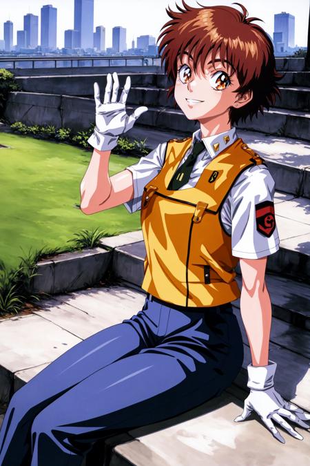IzumiNoa anime, 1990s \(style\) Blue eyes Brown eyes IzumiNoaUniform, pants, white gloves, vest short hair short sleeves long sleeves