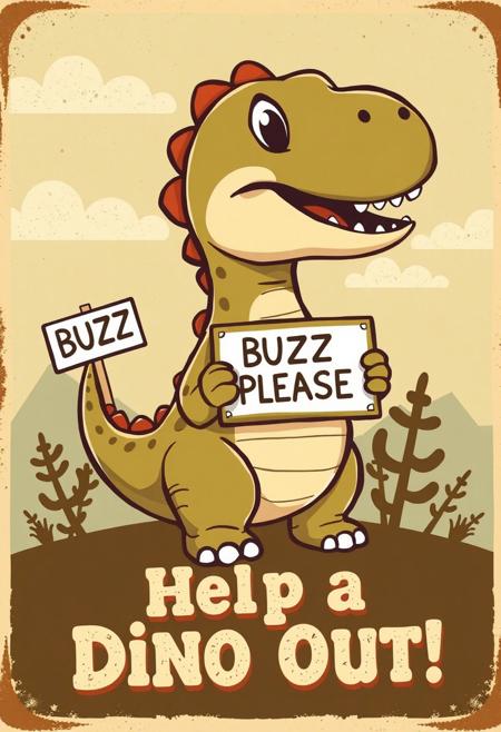 Vintage retro cartoon poster design, A cute dinosaur holding a tiny sign: “BUZZ PLEASE”, the poster text says: 
“Help a Dino Out!”