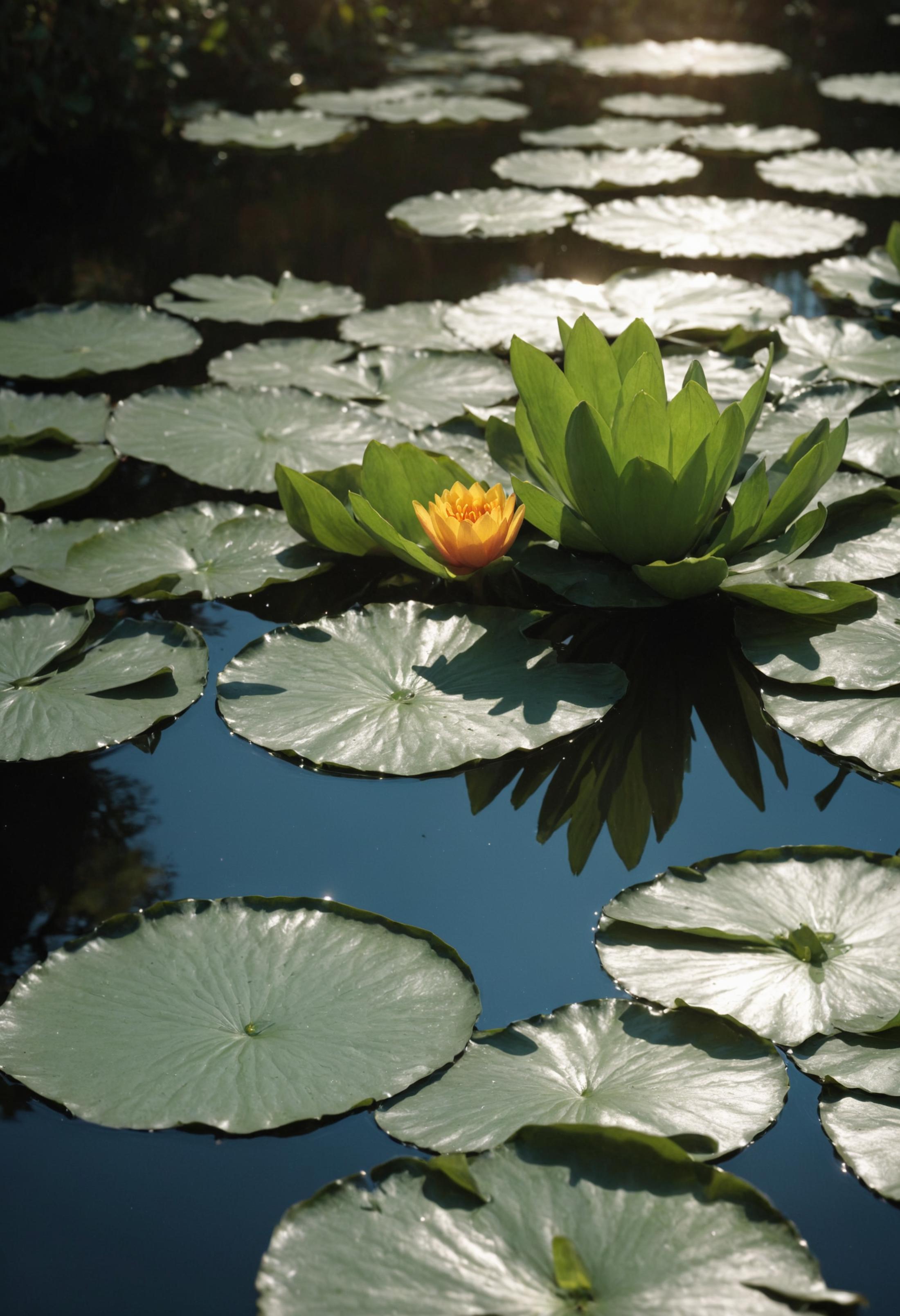 A beautiful pond with a yellow flower in the middle of a lily pad.