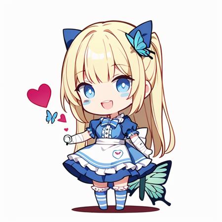 min, 1girl, blue eyes, solo, heart, long hair, bug, apron, bandages, striped, dress, butterfly, blue dress, bangs, bow, puffy sleeves, short sleeves, open mouth, frills, puffy short sleeves, blonde hair, card, bandaged arm, looking at viewer, breasts, blood, bandaid, heart in eye, smile, white background, symbol-shaped pupils, symbol in eye, teeth, asymmetrical legwear, playing card, thighhighs, buttons, heart-shaped pupils, holding, frilled dress, bowtie, pantyhose, standing    <lora:qqqq-000010:0.9>