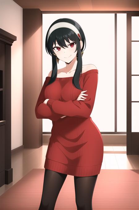 (masterpiece), high quality, (detailed background), 1girl, solo,
<lora:SpyxFamilyYor-v1-07:0.6>, ChopioYor, black hair, red eyes, gold earrings, (looking at viewer:1.3),
mature female, medium breasts,
short hair with long locks, sidelocks, white hairband, hair ribbon,
outfit_2, bare shoulders, collarbone, red sweater, sweater dress, long sleeves, sleeves past wrists, off-shoulder sweater, black leggings,
living room, standing, seductive smile, crossed arms,