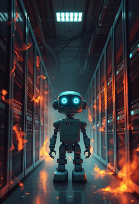 Cyberpunk style of a server room in fire. A small robot saying: "Everything is ok"