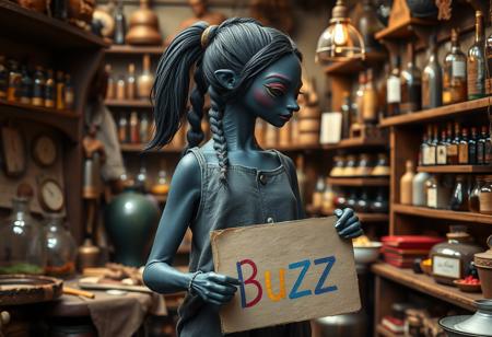 Surreal masterpiece, A stich Woman made out of dark cotton cloth in a magical alchemists shop.
She has black hair in braids and pulled into a ponytail, and dark cotton skin. She has clearly defined muscles and dresses in comfortable, sleeveless shirts and long, loose pants. She has stitch-marks around each shoulder and her neck, and stitches going all down her right arm.
She holds a sign with colourful lettering. (((I ran out of Buzz, while creating for the Wandering Inn.)))