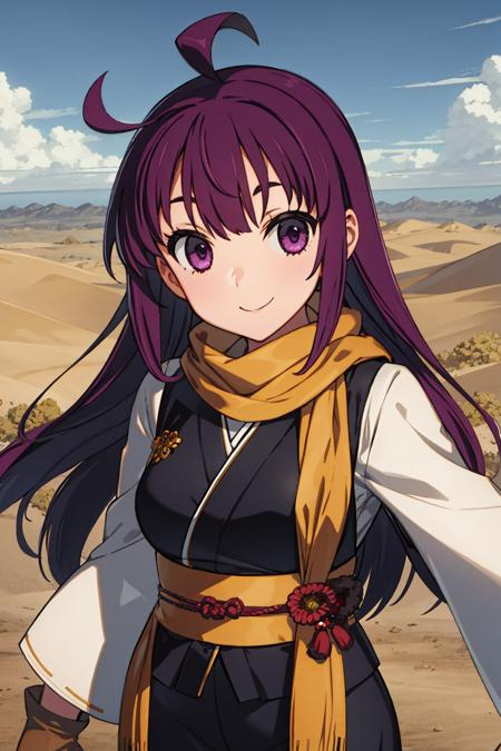 <lora:rance10:1>,highres,(((1girl))),1girl,solo,purple hair,long hair,purple eyes,scarf,ahoge,gloves,japanese clothes,smile,looking at viewer,weapon,outdoor,desert,