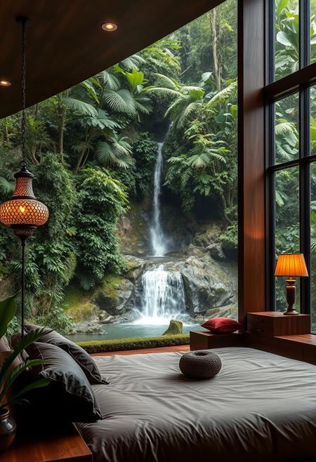 A stunning ultra modern bedroom scene situated on the edge of a waterfall in a lush green tropical forest, bedroom is furnished in lush brown leather tones, rich wood, ornate glass lamps with warm inviting lighting, large windows let in natural light and provide a stunning view of the waterfall outside