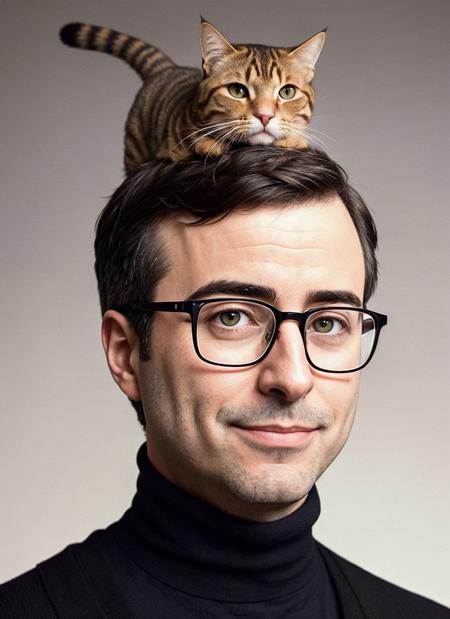 cat on head, close up, smiling, <lora:lora_johnoliver_v1_from_v1_160:1>, A stunning intricate full color portrait of (sks person:1), glasses, masculine
wearing a black turtleneck,
epic character composition,
by ilya kuvshinov, alessio albi, nina masic,
sharp focus, natural lighting, subsurface scattering, f2, 35mm, film grain