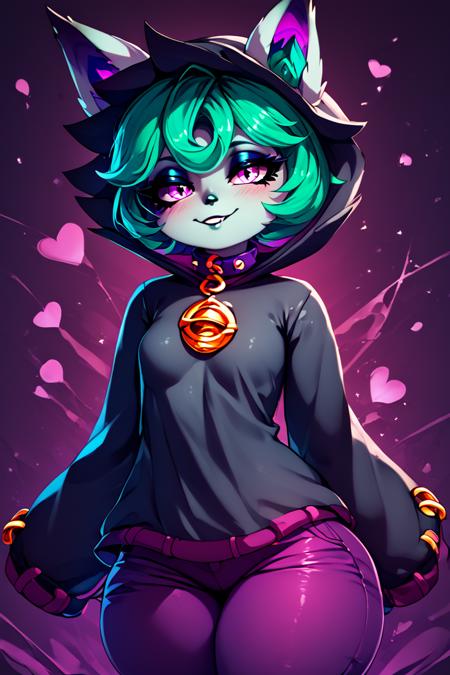 zzVex, pink eyes, green hair, bangs, short hair, grey skin, colored skin, zzVex, pink eyes, green hair, bangs, short hair, grey skin, colored skin, black hood, hood up, ears through headwear, white animal ears, black shirt, purple collar, golden ornament, long sleeves, sleeves past wrists, purple pants, yordle, shortstack,