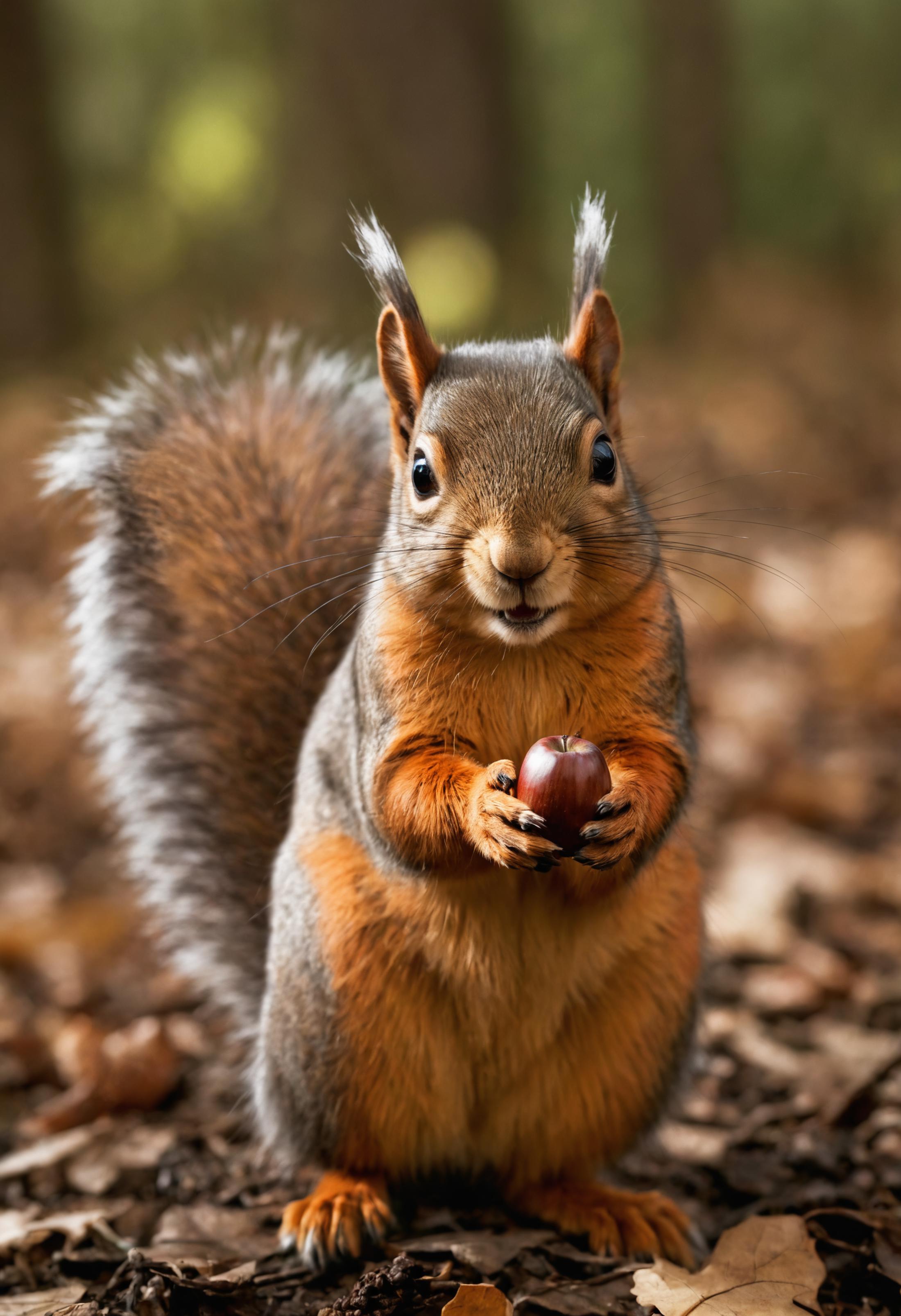 A cute squirrel holding an acorn.