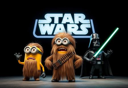 A minion from Despicable Me transformed into a Chewbacca-inspired creature, covered head to toe in thick, shaggy fur, blending the iconic features of a Wookie with the playful charm of a minion. Wearing a rugged ammo belt across its chest, the character strikes a powerful stance, mid-roar, exuding fierce energy. Alongside this Wookiee minion stands a minion styled as Princess Leia, complete with her iconic buns and white robes, adding a whimsical twist to her regal look. To complete the ensemble, a minionized Darth Vader, with a miniaturized version of the iconic helmet and armor, looms in the background, wielding a tiny lightsaber with a menacing yet adorable stance. Dominating the scene is a dramatic sign that reads ‘BUZZ WARS’ in a bold, Star Wars-style logo, glowing with a futuristic flair. Set against a pitch-black backdrop, the image shines in cinematic, 4K quality, creating a visual masterpiece that blends epic and whimsical elements with intricate details in texture, expression, and character design