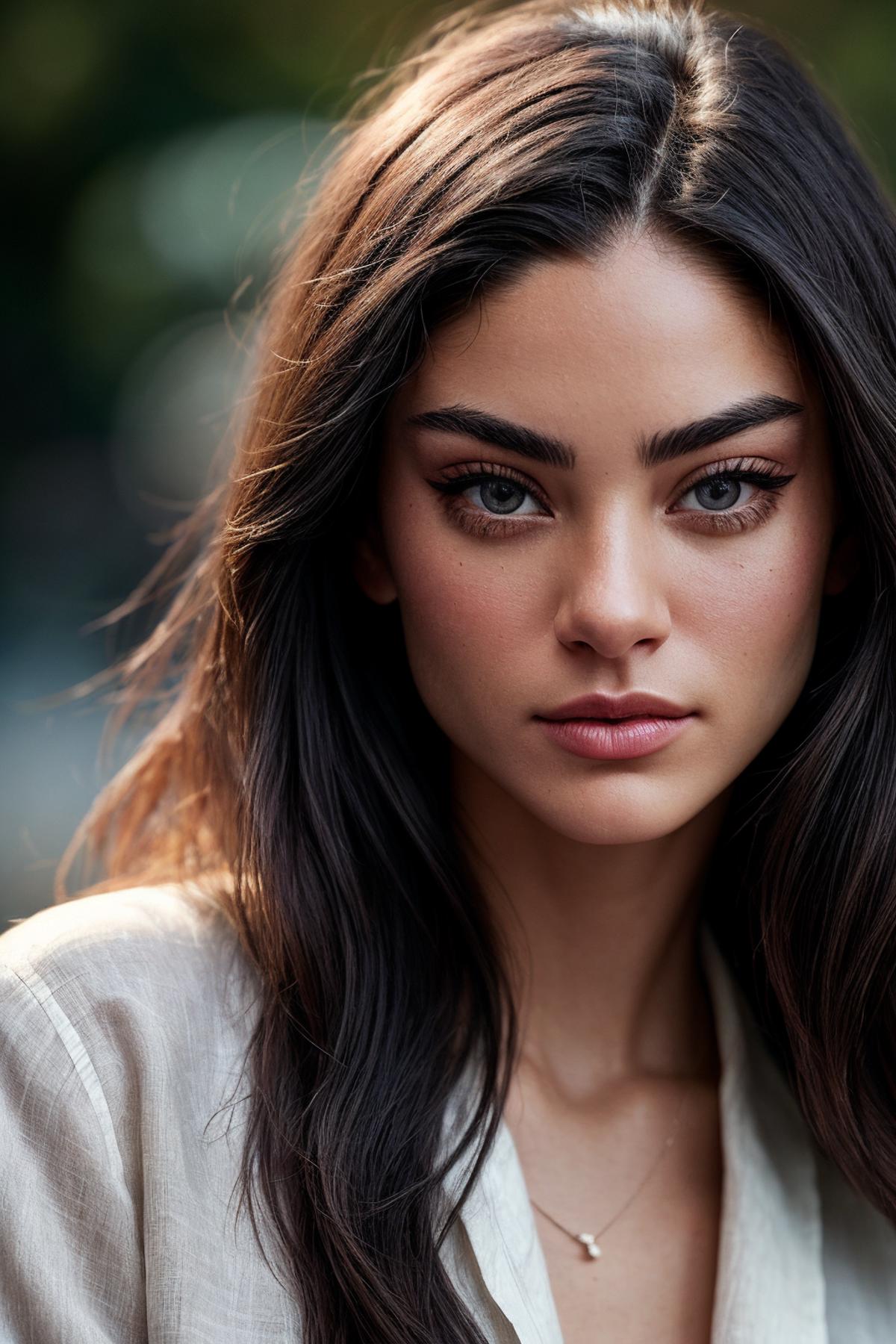 A close up of a woman with long hair and hazel eyes.