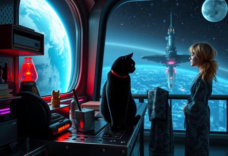 A sleek black cat with red collar sits on a cluttered metal riveted desk with transparent top and rgb led computer components visible inside, On the desk are a maneki neko statue and a lava lamp, the Black Cat is looking out of a seamless and futuristic floor to ceiling window that looks out at a planet from low orbit, (((a beautiful woman, 24 years old, is standing next to the cat looking out the window, the woman is dressed in an ornate Japanese style bath robe. An enormous deco-cyberpunk starship with futuristic lighting and an enormous space station are visible in the background among the stars, The woman's hair is messy from just waking up and tied up with a ribbon. Artistic cyberpunk, dynamic perspective, (((overall architectural aesthetic is Art Deco Cyberpunk))).  Epic image that elicits a feeling of wonder and awe,