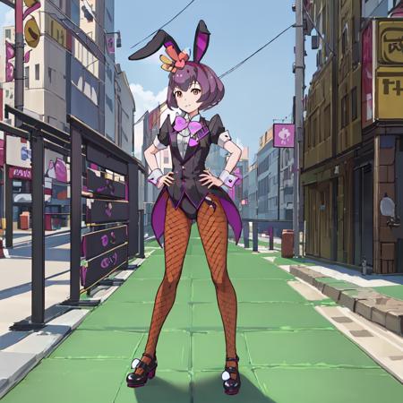 Nanano_Mimi, 1girl, solo,short hair, bow, brown eyes, closed mouth, purple hair, short sleeves, hairband, shoes, bowtie, black footwear, rabbit ears,wrist cuffs, playboy bunny, black leotard, fishnet pantyhose, tailcoat