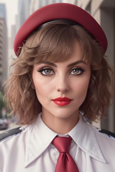 photo of <lora:michellejohnson-03:0.5>, michellejohnson,a woman,((short hair)), ((necktie, shirt, police badge, police hat):1.1), ((closeup, portrait)), ((outdoors, city)),((red lipstick,eyeliner, eye shadow, blush)), ((best quality, masterpiece, extreme details, high resolution):1.2),((detailed eyes, beautiful eyes, detailed face, beautiful face):1.2) ,(epicphoto)