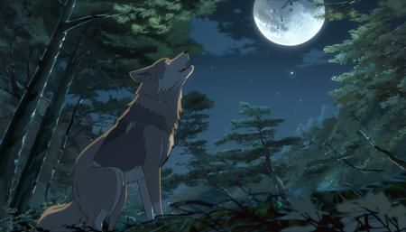 a wolf howling at the full moon at night in a clearing in a forest, clear sky, by Makoto Shinkai, clean intricate highly detailed 4k wallpaper