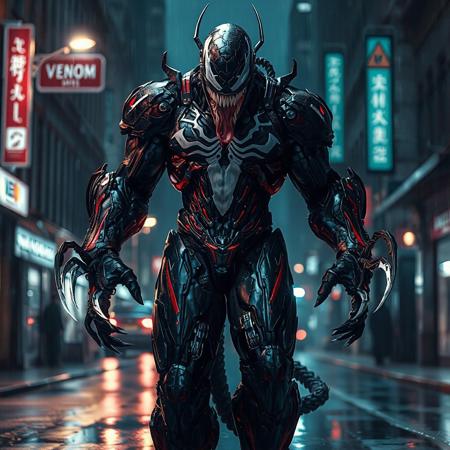 Venom, futuristic, cybernetic armor, muscular, 3m tall, black, red, white, color palette, dark city street, night, rain, neon, symbiotic laser/steel blade arms, intricate, menacing, powerful, cybernetic aesthetic, high quality, UltraHD