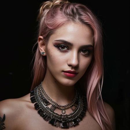 (a cute girl, 22 years old, pale skin ,  pink hair ,skinny:1.1),(big boobs , small nipples, Colombian hipster girl, edgy vibe, dark, mascara, eyeliner, dark cheeks, expressive lips, Unique facial piercings, alluring necklace, stylish sexy streetwear, alluring thighs, aesthetic tattoos on her body, almond shaped eyes, Dimples, strong eyeliner eyes ,Defined jawline, skin pores )