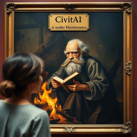 an out of frame woman inside a museum stares fondly at a very large old framed painting of an old man with his eyes hiding under extremely thick and bushy eyebrows, has a ridiculously large unkempt moustache, sitting by a bonfire reading a book, above the painting is a large plaque with the title "CivitAI is under Maintenance"