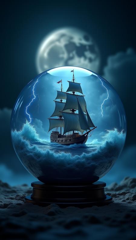 A  glass sphere sculpture, concealed inside the sphere is a large Pirate Ship in a Lightning storm, large waves, in the dark, detailed image, 8k high quality detailed, the moon, shaped sphere, amazing wallpaper, digital painting highly detailed, 8k UHD detailed oil painting, beautiful art UHD, focus on full glass sphere, bokeh,  background Modifiers: extremely detailed Award winning photography, fantasy studio lighting, photorealistic very attractive beautiful imperial colours ultra detailed 3D, (Very Intricate)