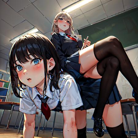 2girls backplay sitting on person crossed legs on all fours