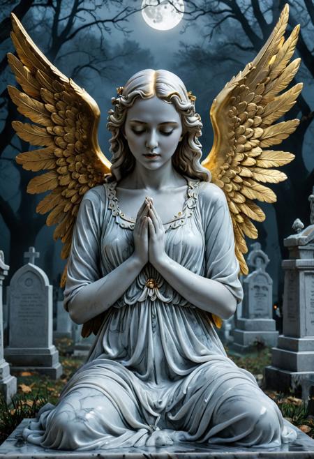 score_9,score_8_up,score_7_up, makeup, Graveyard, Angel Statue, eyes closed, hands clasped in front , foggy, night, full moon,  Liquid Marble, gold wings,