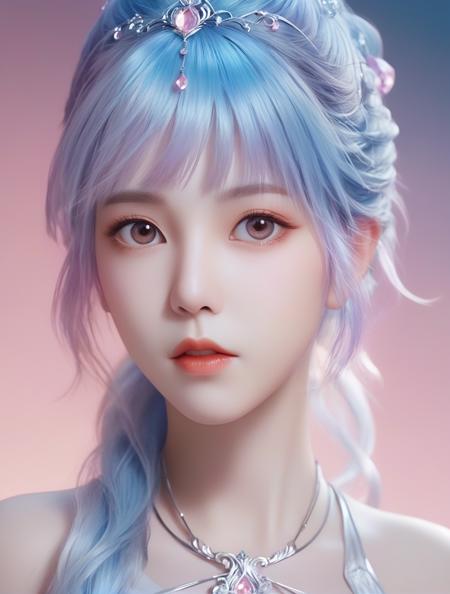 1girl,solo,xiaowu,BIG EYES,xxmix girl woman,
<(masterpiece, realistic:1.3), (extremely intricate:1.2)>,portrait of a girl,sliver gradient hair,(sliver hair:1.1),(light blue hair:1.1),(pink hair:1.2),.,
((solid color background:1.3)),
<lora:XL_xwu-000003:0.8>,beautiful detailed glow, (detailed ice), beautiful detailed water,