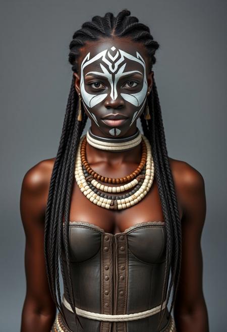 symmetrical Front view, medium shot of a female african warrior, extremely beautiful, beautiful white war paint makeup, tribal corset, long thin braids over her breasts, neutral grey background, photography studio style