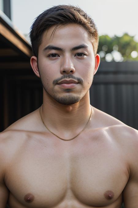 portrait of man, mature, barechest, man, high quality, dynamic angle, masterpiece, chest , oily <lora:tony_labrusca_v11:2>, light behind the camera, tony labrusca,