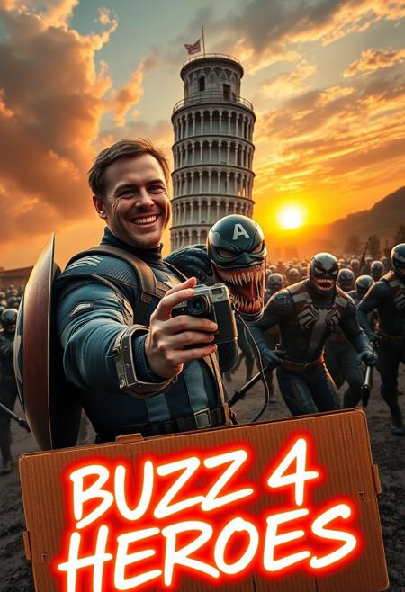 Marvel icons, Captain America and Venom, are caught in a high-energy selfie in front of the Leaning Tower of Pisa during an intense, action-packed moment. Captain America, with his iconic shield strapped to his back, holds a vintage Kodak MC3 camera, perfectly capturing the scene. Venom strikes a chaotic pose, his tendrils playfully wrapped around Cap, as they both grin for the shot. In the background, a massive Sion army emerges from swirling dust clouds, their dark, futuristic armor reflecting the dim light of the setting sun, which casts dramatic shadows over the Leaning Tower of Pisa.
In the foreground, a neon, graffiti-styled cardboard sign reads ‘BUZZ 4 HEROES,’ glowing with holographic effects, as if the moment were part of a larger, dangerous mission. The tower leans ominously under a fiery sunset sky, while the Sion army advances, adding a sense of impending danger to this wild yet thrilling superhero adventure frozen in time