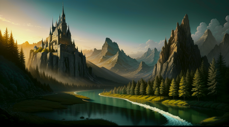 a fantasy castle surrounded by trees and water in the middle of a forest with a river running through it, Chris LaBrooy, matte fantasy painting, a detailed matte painting, fantasy art, <lora:theovercomer8sContrastFix_sd15:0.5>, <lora:epiNoiseoffset_v2:0.3>,painting, fan art,detailed, perfect anatomy,reflection light, realistic light,8k octane wallpaper,hardline,highly detailed,intricately detailed,digital painting, fan art,ultra detailed, best quality,masterpiece, (volumetric lighting, bright),novelai, aesthetic, masterpiece, macro photography vivid colors, photorealistic, cinematic, moody, rule of thirds, majestic,