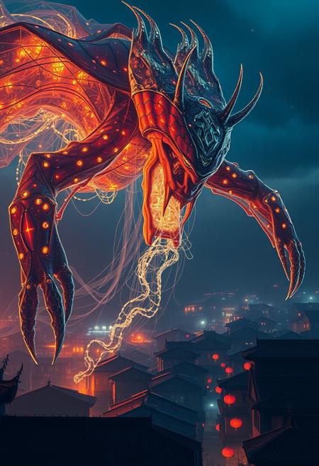 A detailed, otherworldly creature made of translucent, glowing fabric and hollow cybernetic threads looms over a traditional Chinese village at dusk. Incorporate light particles, double exposure, and bold, unsettling contrasts for a striking, award-winning concept art pieceaaa