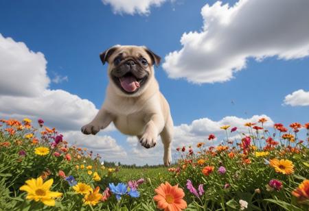 Highly detailed photograph of a pug puppy leaping through the air above a field of colorful flowers. Side view. Floppy ears, floppy tongue, big eyes, very cute, very happy, joyful. Blue sky with fluffy clouds. Bright sun, (god rays).
