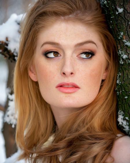 (Faye Reagan woman) <lora:FayeReagan_SDXL_v1.0-000018:1>  looking away, with a smirk standing against a birch tree during winter, snowing, This close-up beauty photography features incredible contrastive lighting that highlights her features in a breathtaking display of (chiaroscuro:1.1). The portrait, captured by Steven Meisel, Annie Leibovitz, and Peter Lindbergh, boasts sharp focus, 8K resolution, and high-res quality. The photograph was taken with a Lensbaby Composer Pro II      Aperture f/4, award winning, exquisite masterpiece of the chiaroscuro technique