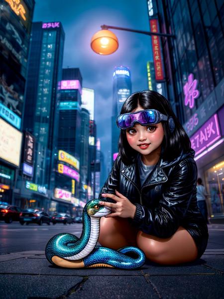 cute shebaobao
In a vibrant cyberpunk cityscape, a small, iridescent baby snake slithers through the neon-lit streets, its scales reflecting a spectrum of colors, predominantly electric blues and purples, reminiscent of a holographic display. The snake's tiny, glimmering eyes are a bright yellow, filled with curiosity as it explores its surroundings, surrounded by towering skyscrapers adorned with holographic advertisements that pulse rhythmically against the night sky. Above, a dense layer of fog shrouds the city, taking on a soft, ethereal glow from the myriad of neon signs illuminating the scene. A streetlamp, casting a warm orange light, contrasts starkly with the cool tones of the city, creating a mood of wonder and mystery. Nearby, a young woman of Asian descent, with warm brown skin and shoulder-length jet-black hair, kneels beside the snake, her expression a mixture of surprise and delight. She wears a sleek, dark leather jacket embossed with circuit patterns, paired with high-tech goggles resting on her forehead. The ambient light catches the delicate details on her jacket, adding texture to the scene. The interplay of shadows stretches across her face, emphasizing her wide, expressive eyes that shimmer with fascination as she reaches out, fingertips grazing the snake's shimmering scales in an intimate display of connection. The camera, positioned at a low angle, captures this moment with a shallow depth of field, blurring the vibrant chaos of the city in the background while sharpening the softly lit details of the characters, creating a cinematic quality akin to the works of Ridley Scott, where mesmerizing visuals and emotional connections coexist. The film grain adds a gritty texture, enhancing the sense of realism, while a subtle teal and orange color grading gives the entire composition a distinct, atmospheric feel, heightening the viewerâs immersion in this electric world.
