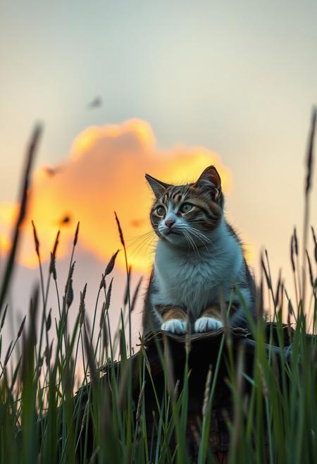 (Soft Lighting Photography by Mimoza Veliu and Mario Giacomelli:1.2), NSFW, A cat in tall grass on  a hut, from below, birds, gradient orange cloud indicating sun setting, lScandinavian Style Palette,