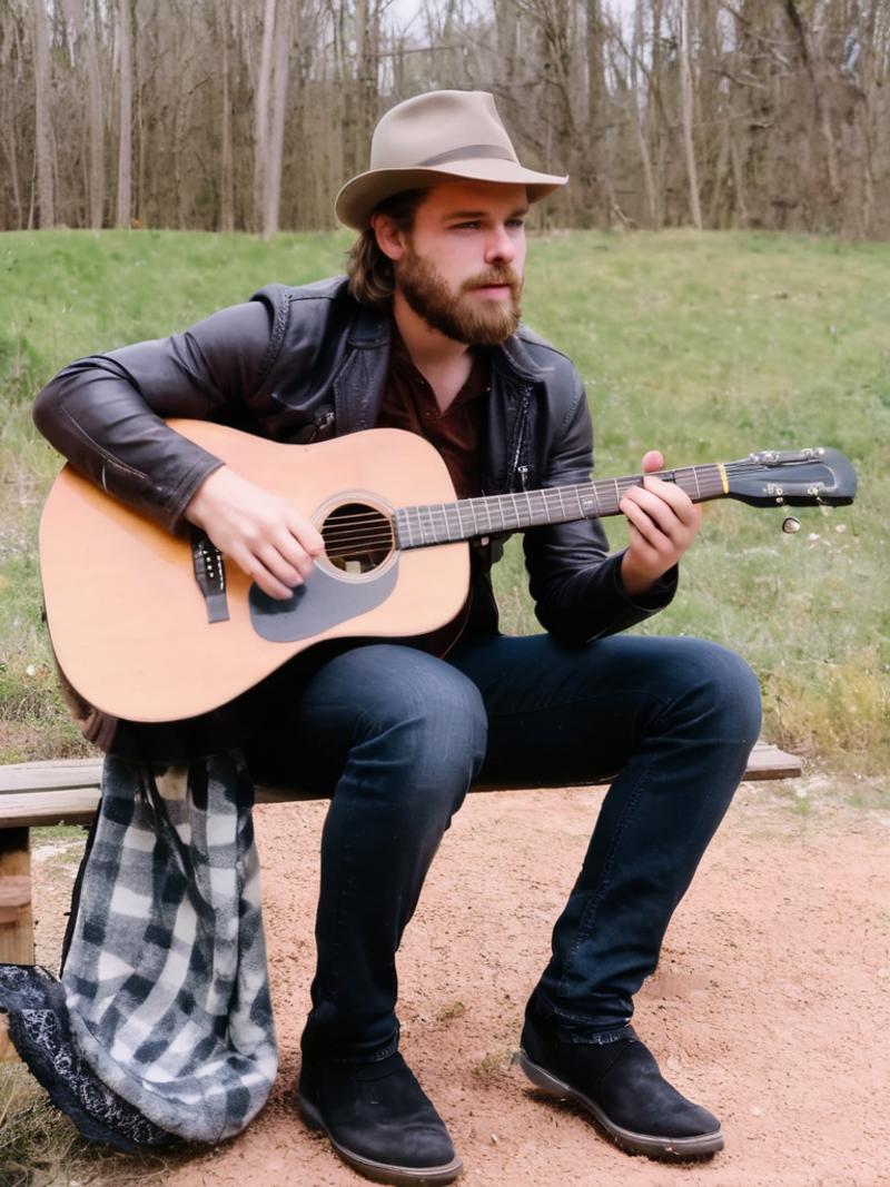 A man playing guitar in the woods, wearing a hat and leather jacket.