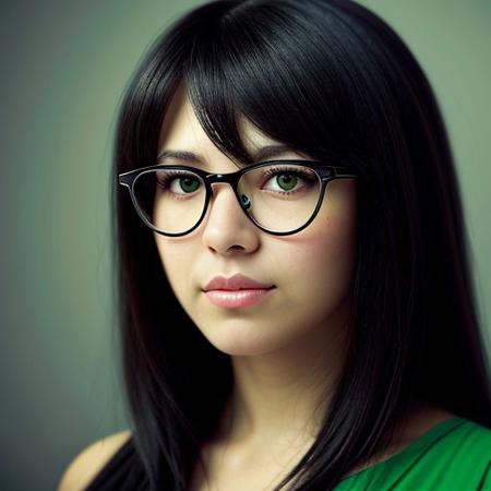 1girl pale-skin long-black-hair dark-green-eyes beautiful sensual pretty-face red-dress glasses realistic-photo