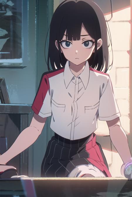 lingqiao, <lora:lingqiaotest:1>, 
ling qiao, bangs, black hair, medium hair, (black eyes:1.5),
BREAK skirt, shirt, white shirt, short sleeves, collared shirt, black footwear, red skirt, sandals, pocket, long skirt, shirt tucked in, breast pocket,
BREAK looking at viewer,
BREAK outdoors, city,
BREAK <lora:GoodHands-vanilla:1>, (masterpiece:1.2), best quality, high resolution, unity 8k wallpaper, (illustration:0.8), (beautiful detailed eyes:1.6), extremely detailed face, perfect lighting, extremely detailed CG, (perfect hands, perfect anatomy),