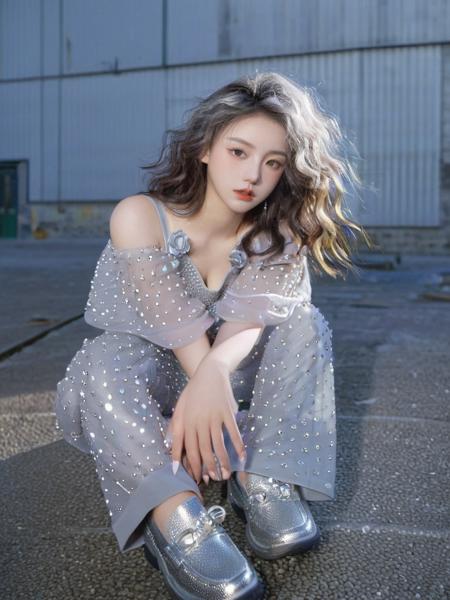 best_lighting,complex_pupils,detailed_background,outdoors,abandoned_warehouse, 1girl,solo,full_body,Sitting on the ground, hand_on_ground, (silver_hair:1.2),hands_on_thighs,detailed_eyes,looking_at_viewer,large_breasts,curly_hair,shiny_skin,visible_skin_pores,highly_detailed_skin, Donning a mesh-overlay jumpsuit with intricate beadwork, stealing the spotlight with every step,