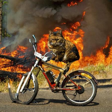 forest fire <lora:DD-above-v1:1> cat on bike