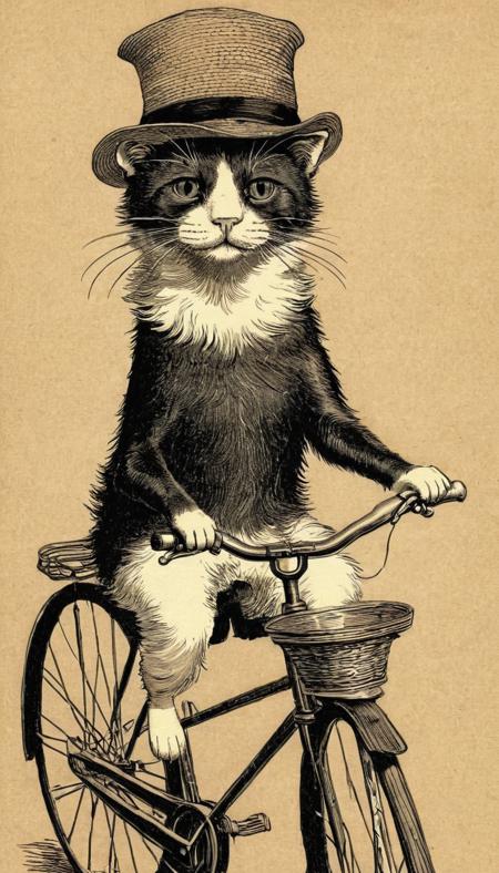 cat in a hat on a bike <lora:vntg-line-art-v2:1> vntg, line-art