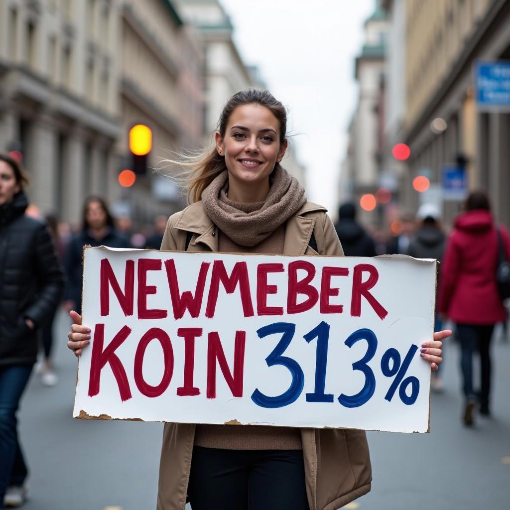 A woman on a busy street in a city holding a large sign that says "NEWMEMBER 100%" on the top, and "KOIN313" on the bottom.