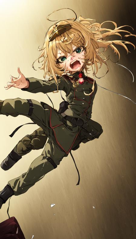 Cinematic scene, hero view, Tanya Degurechaff, Youjo Senki <lora:tanya_degurechaff_xl_v5:1>, action pose, masterpiece, best quality, high quality, highres, absurdres