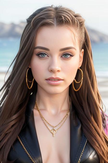 masterpiece, highest quality, dreamlikeart, Koh_LanaRhoades dressed in hiphop clothes, chain necklaces, earrings, hoodie, dusk lighting, hands behind back, colorful beach background