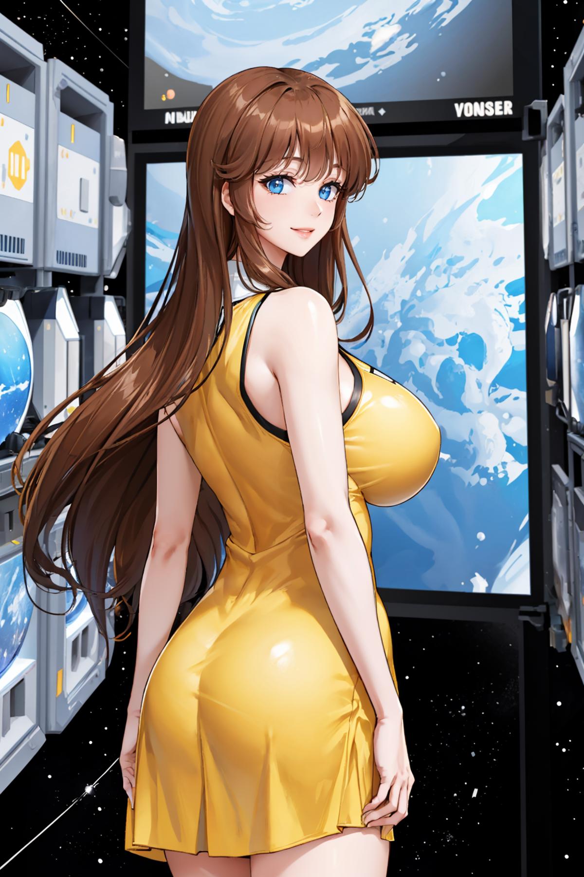 Anime character in a yellow dress with blue eyes and a large bust.