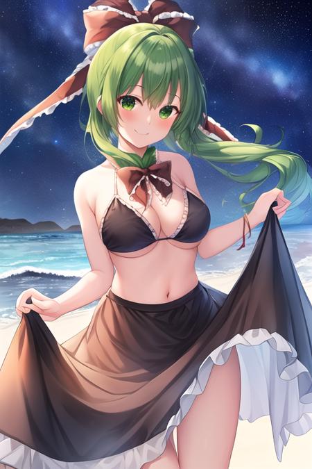 masterpiece, best quality, highres, solo, {night:1.10}, {starry sky:1.10}, beach, beautiful detailed sky, {extremely detailed background:1.20}, {kagiyama_hina_touhou:1.10}, {standing:1.10}, looking at viewer, {bikini:1.30}, green_hair, bow, ribbon, hair_bow, long_hair, hair_ribbon, front_ponytail, green_eyes, smile, red_ribbon, bangs, light smile